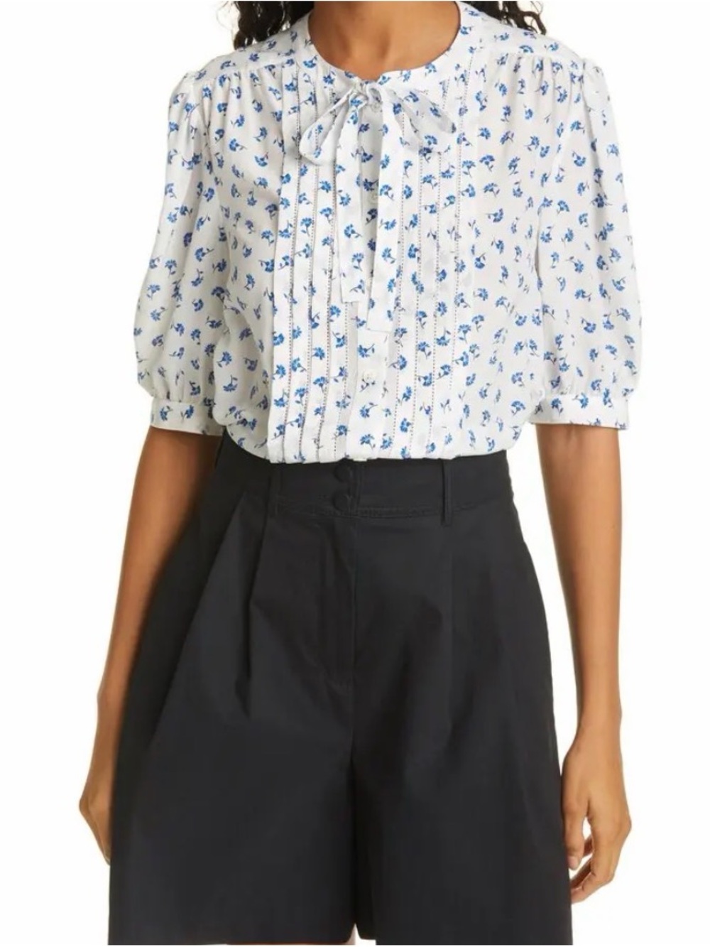 100% Silk : Rebecca Taylor White Blouse with Blue Floral Print
